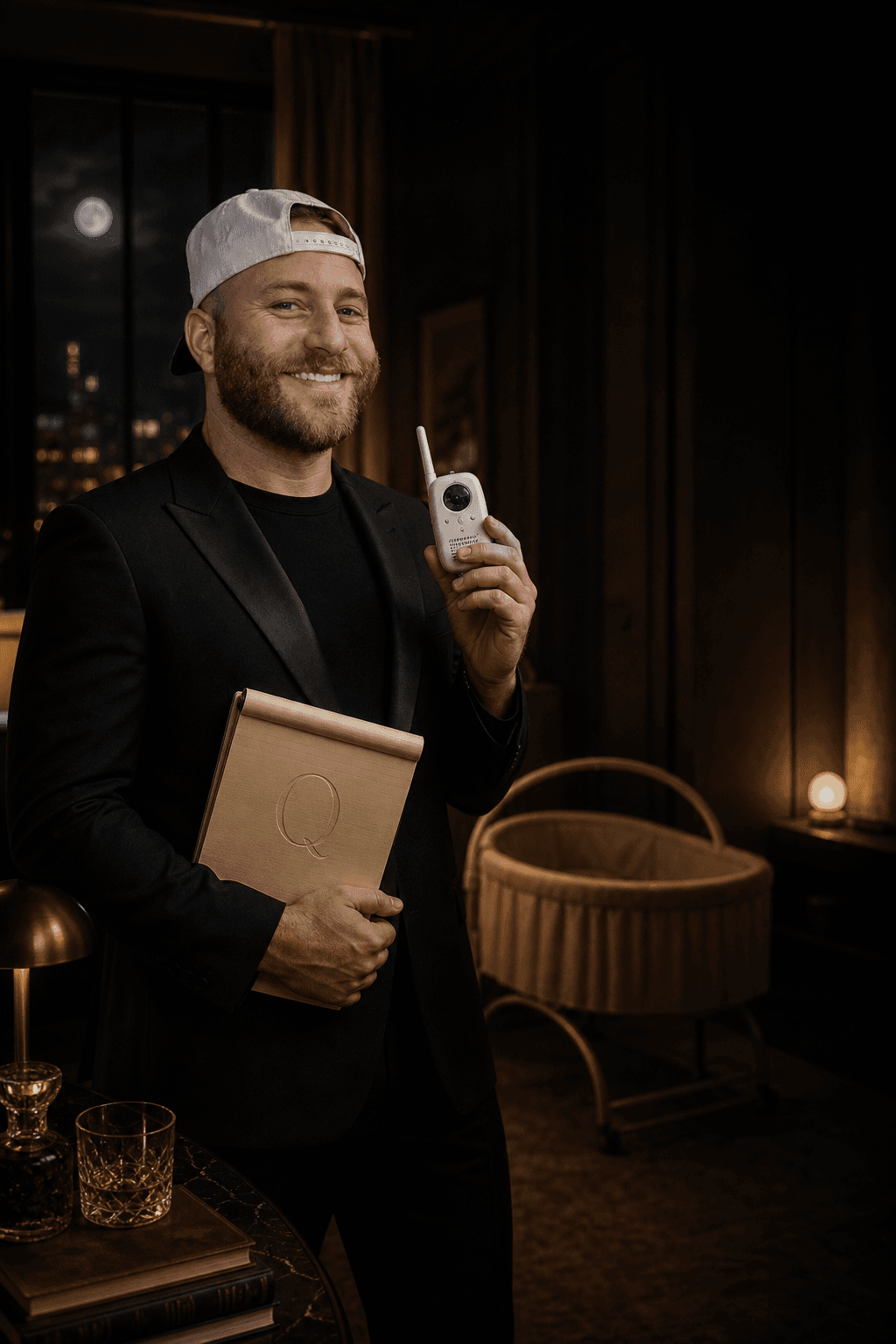 Landon Elengold holding a baby monitor and an important legal pad