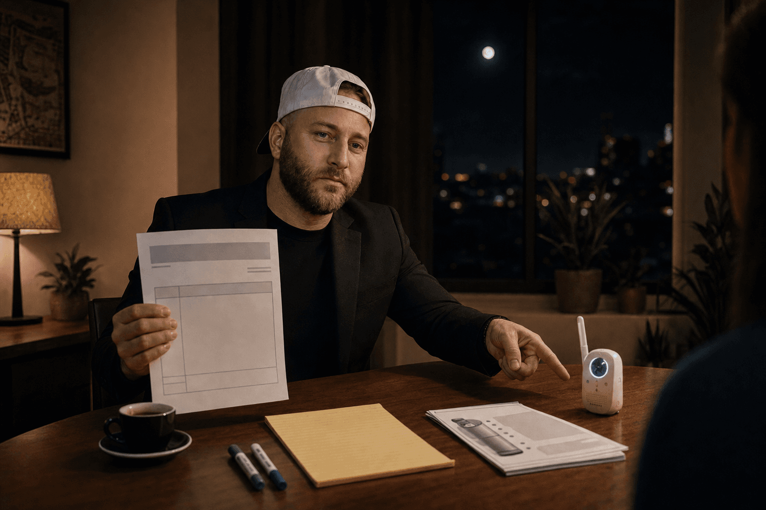 Landon presenting an invoice while pointing seriously at a baby monitor