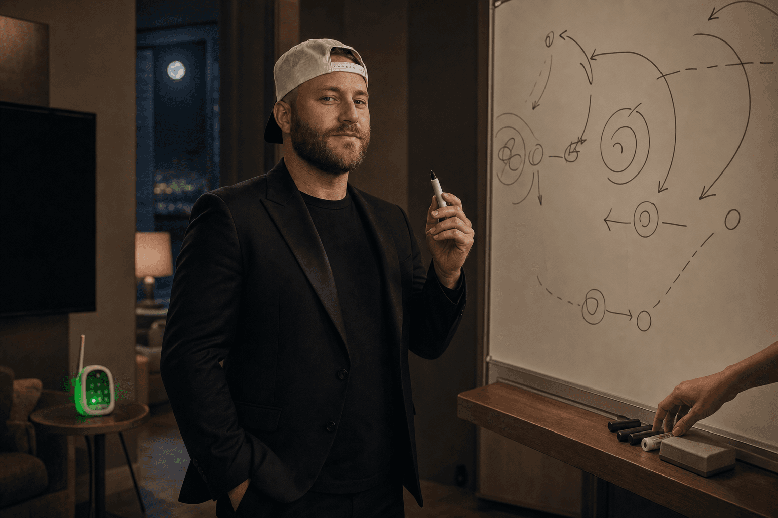 Landon presenting an elaborate whiteboard as Dawn removes the remaining markers